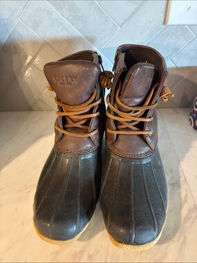 Sperry Brown Leather and Black Rubber Kids Duck Boots with Tan Laces